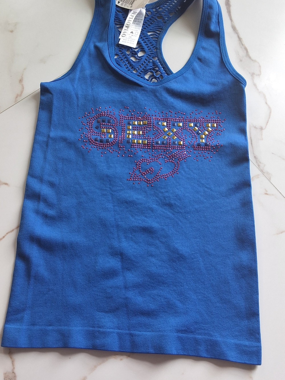 Girls' Blue Embellished Racerback Tank Top - Sexy Heart Design